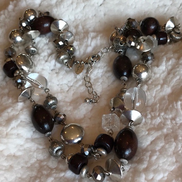 Lia Sophia Double Strand Necklace.  Wooden Beads, Resin, Silver Metals Combo - Picture 2 of 2